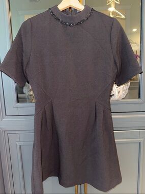 Zara Black Short Sleeve A-Line Dress with Beaded Collar
